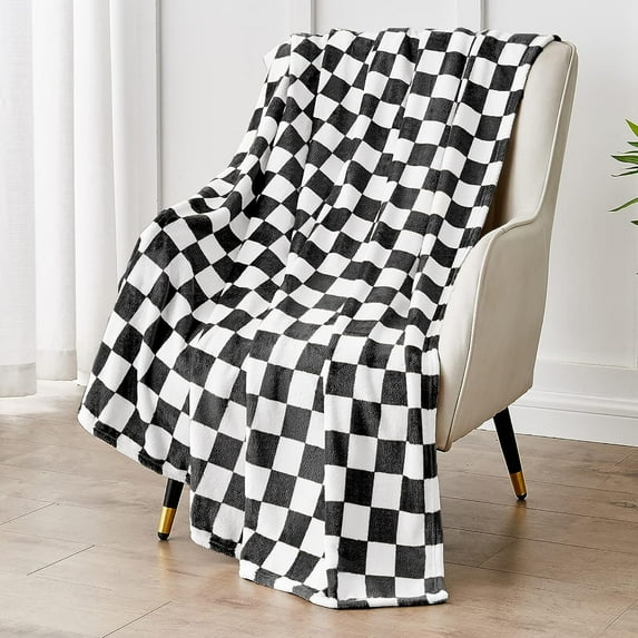 Checkered Blanket Flannel Throw Blankets Soft Cozy Checkered Grid Print Chessboard Gingham Pattern Blankets for Bed Sofa Couch for All Seasons(Black,50"×60")