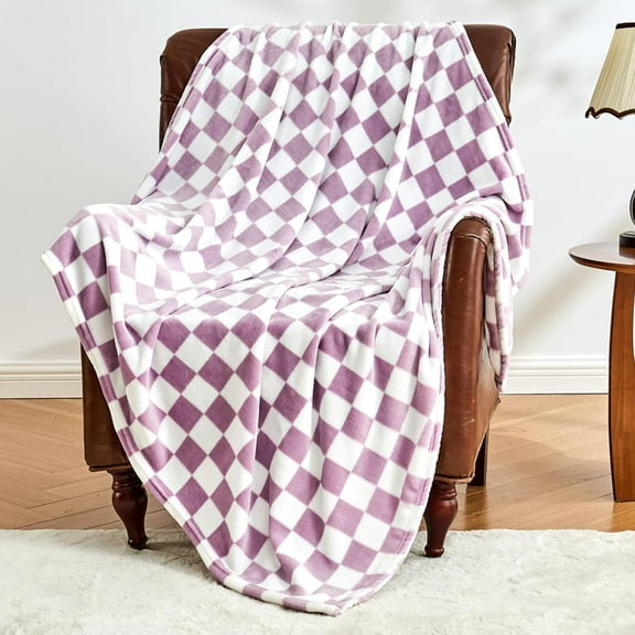 Checkered Blanket Flannel Throw Blankets Soft Cozy Checkered Grid Print Chessboard Gingham Pattern Throws for Bed Sofa Couch for All Seasons, 50x60 Inch, Purple