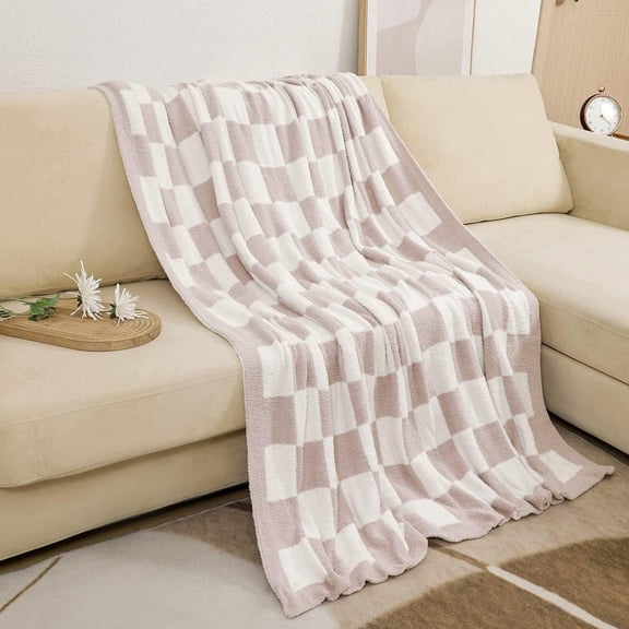 Checkered Blanket Throw Soft Knit Blanket with Checkerboard Grid Pattern for Couch Sofa Bed Camping Travel Gift (Cream, 50"x60")