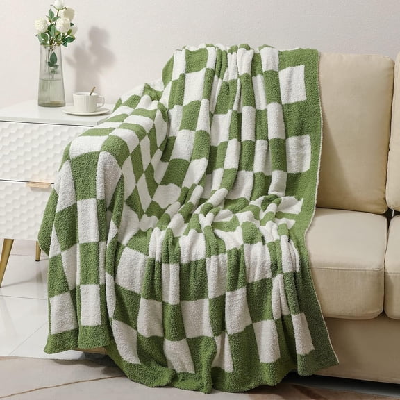 Checkered Blanket Throw Soft Knit Blanket with Checkerboard Grid Pattern for Couch Sofa Bed Camping Travel Gift (Green, 50"x60")
