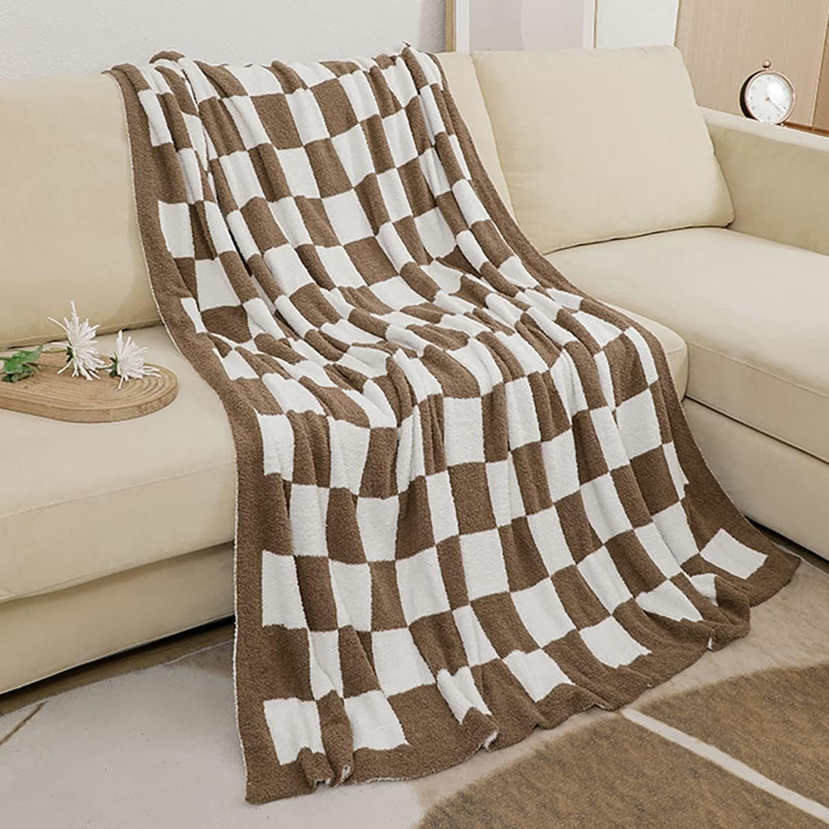 Checkered Blanket Throw Soft Knit Blankets with Checkerboard Grid