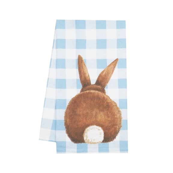 Checkered Blue Easter Bunny Rabbit w/ Tail Cotton Kitchen Dishtowel