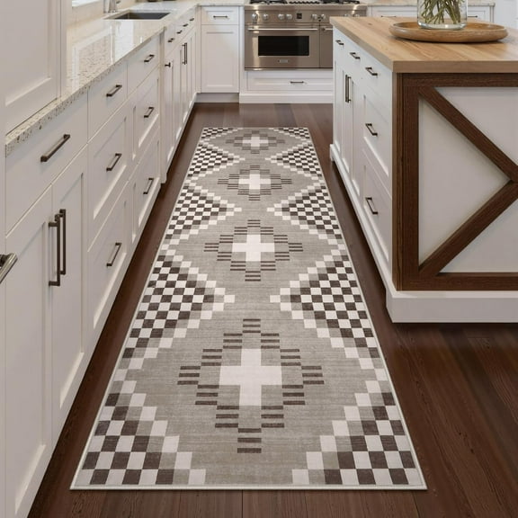 Checkered Boho Carpet Runners for Hallway, Non Slip Washable Rug Runner for Kitchen 2.5x10, Farmhouse Ultra Thin Checkerboard Extra Long Rugs for Hallway Entryway Bathroom, Khaki
