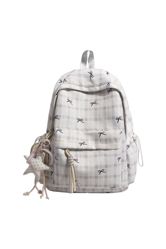 Checkered Bookbag for Women, Plaid College Travel Daypack with Bow, Lightweight Nylon Campus Backpack (Grey)