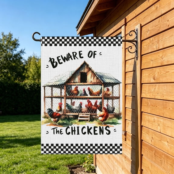 Checkered Border Chicken Coop Watercolor Double Sided 2D Garden Flag, 12x18 Inch, Patio Gift for Farmers & Chicken Fans, No Flagpole