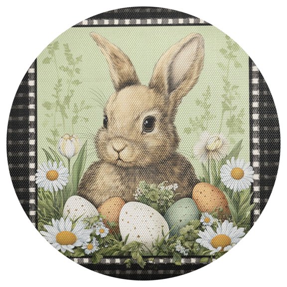Checkered Border Rabbit with Easter Eggs PVC Round Grid Placemat Table Mat 1 Pc 15.4" x 15.4"