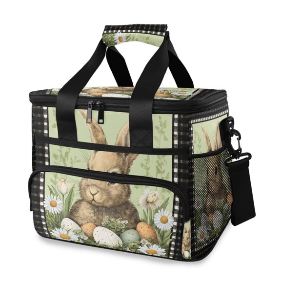 Checkered Border Rabbit with Easter Eggs Portable Cooler Lunch Box Reusable Insulated Lunch Bag Leakproof 15L