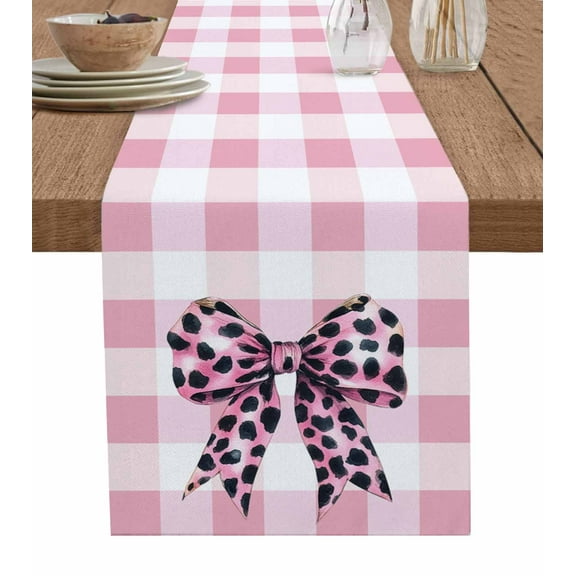 Checkered Bow Burlap Cotton Table Runner 13x90 Inches Long, Butterfly Tie Pink Black Leopard Print Farmhouse Table Runners, Outdoor Dining Tablecloths Decor for Baby Shower/Party/Wedding