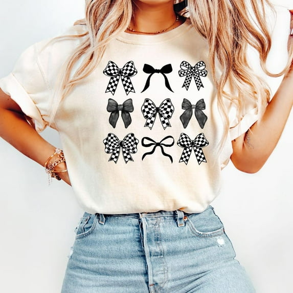 Checkered Bow T-Shirt, Coquette Bow Shirt, Bows Shirt, Black Bow Shirt, Retro T-Shirt TH190523