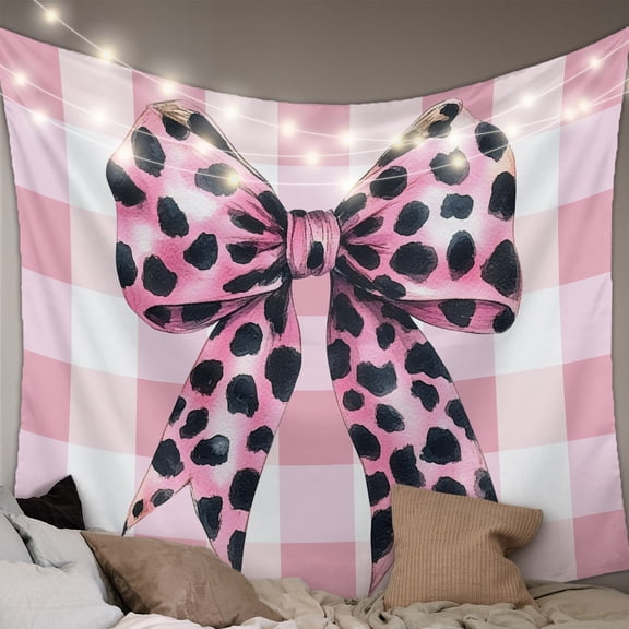 Checkered Bow Tapestry for Bedroom Wall Hanging Tapestry, Butterfly Tie Pink Black Leopard Print Ceiling Backdrop Tapestries Poster Blanket Wall Decor for Teens Room Living Room Dorm 55" x 73"