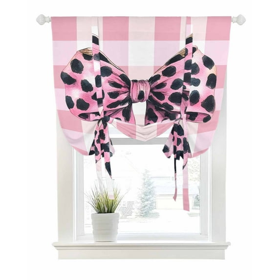 Checkered Bow Tie Up Curtains for Window, Thermal Insulated Balloon Shade Adjustable Rod Pocket Curtains Valance Panels for Kitchen Bathroom Cafe 52 x 63 Butterfly Tie Pink Black Leopard Print