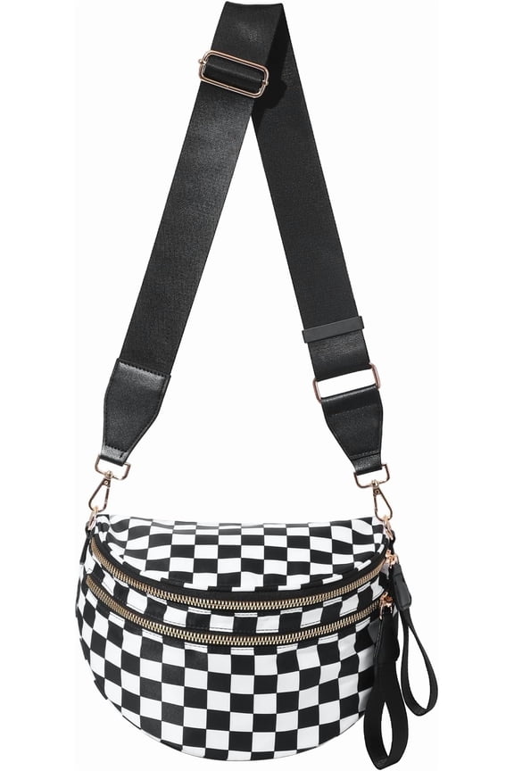 Checkered Bum Bag for Women, Roomy Crossbody Fanny Pack with Plus Size Adjustable Strap (Black and White Checkered)