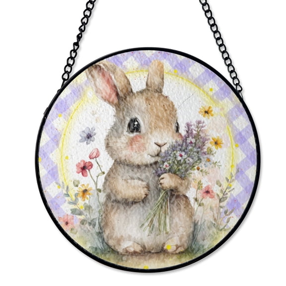 Checkered Bunny Plaid Suncatcher Stained Glass Style UV Printed Glass Modern Easter Decor Round