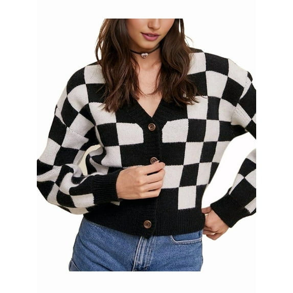 Checkered Button Down Crop Sweater Crochet Cardigan for Women Color Block Summer Beach Top Black S