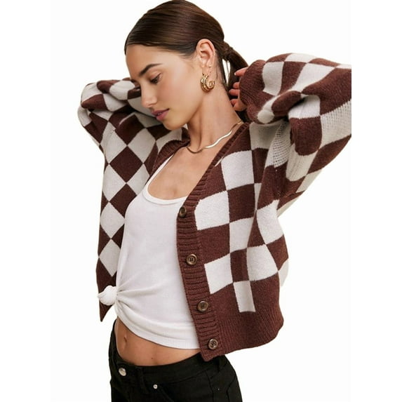 Checkered Button Down Crop Sweater Crochet Cardigan for Women Color Block Summer Beach Top Dark Brown M