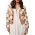 thumbnail image 1 of Checkered Button Down Crop Sweater Crochet Cardigan for Women Color Block Summer Beach Top Khaki S, 1 of 7