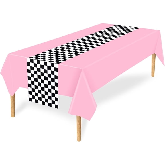 Checkered Car Party Supplies Disposable Tablecloth Plastic Table Cover Black and White Checkered Race Table Runner for Racing Birthday Party Decor Favor Supplies (Pink,2 Pcs)