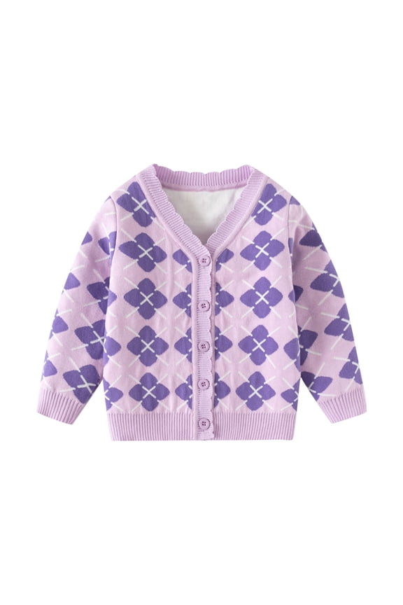 Checkered Cardigan Kids Toddler Girl School Clothes Button Down Knit Sweaters Children Light Weight Jacket Purple 5 Years