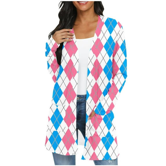 Checkered Cardigan for Women Lightweight Open Front Long Tops with Pockets Long Sleeve Comfy Casual Cardigans Pink, L