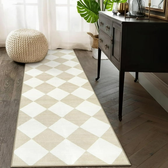 Checkered Carpet Runners for Hallway 12ft, Beige Soft 2.5x12 Rug Runners for Hallways Non Slip Washable Neutral Kitchen Runner Rug, Moroccan Ultra Thin Long Hallway Runner Rug