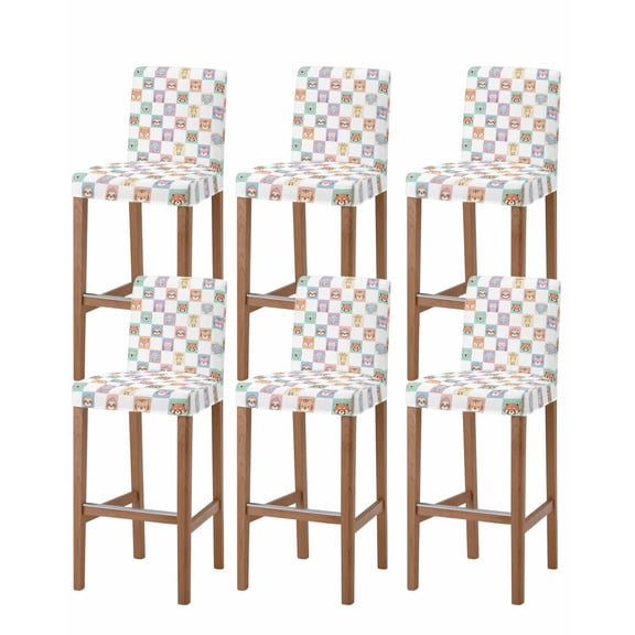Checkered Cartoon Animals Bar Stool Covers Set of 6, Modern Cute Animal Stretch Washable Bar Chair Covers with Backs, Removable Pub Counter Height Chair Cover for Kitchen Dining Room Cafe