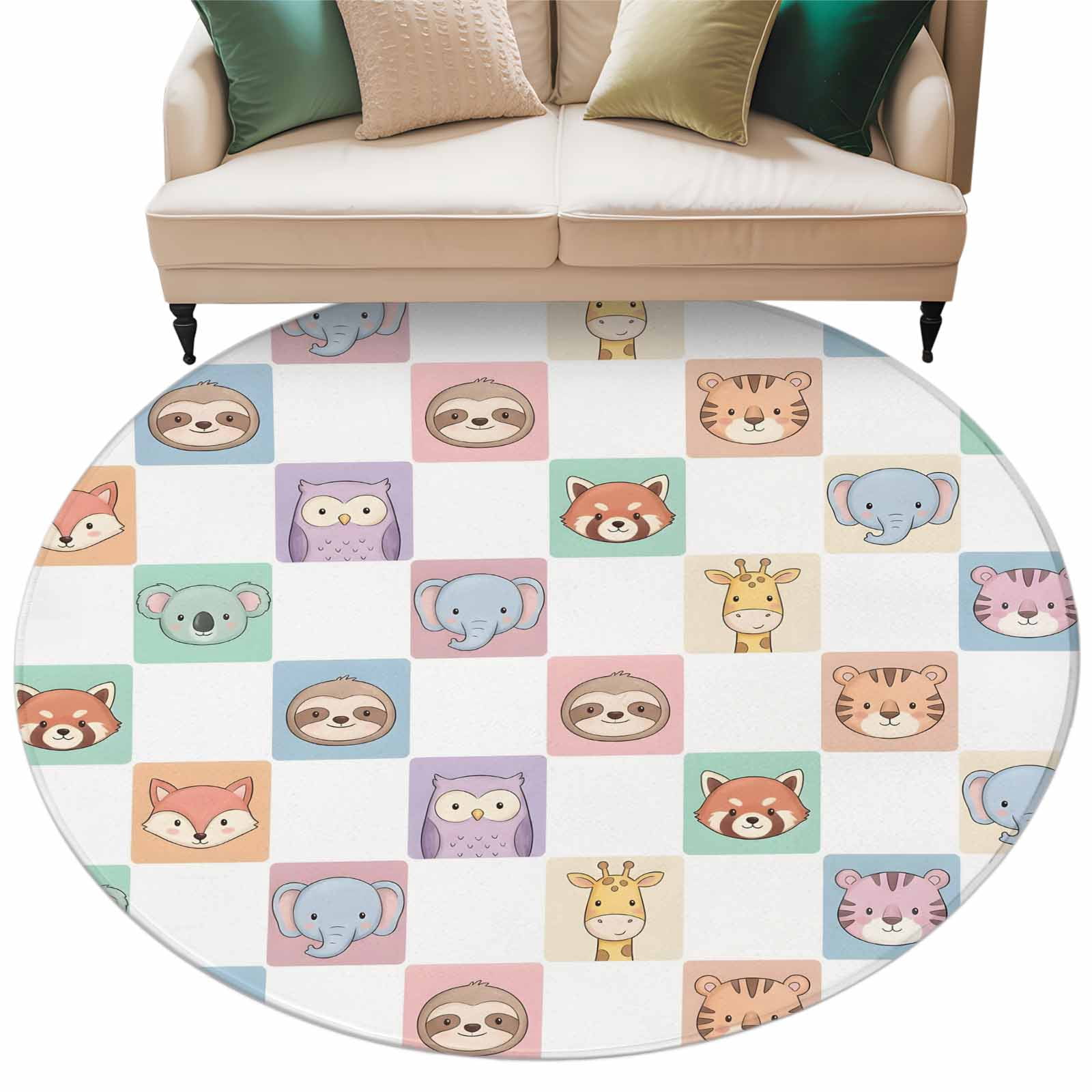 Checkered Cartoon Animals Round Rug 6ft Washable Circle Kitchen Rugs ...