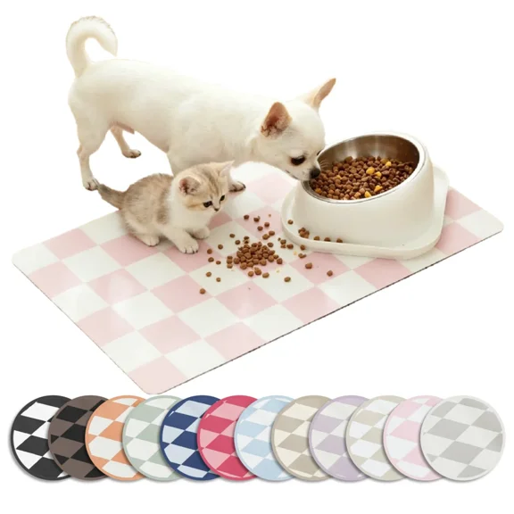 Checkered Cat Food Mat for Pet Dog Feeting Mats,Pet Feeding Mat for Floor Non-Slip Waterproof, Super Absorbent Cat Bowl Mat, Easy to Clean Eco-Friendly Durable Pet Placemat 19x12in
