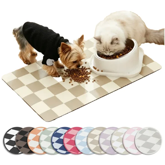 Checkered Cat Food Mat for Pet Dog Feeting Mats,Pet Feeding Mat for Floor Non-Slip Waterproof, Super Absorbent Cat Bowl Mat, Easy to Clean Eco-Friendly Durable Pet Placemat 19x12in