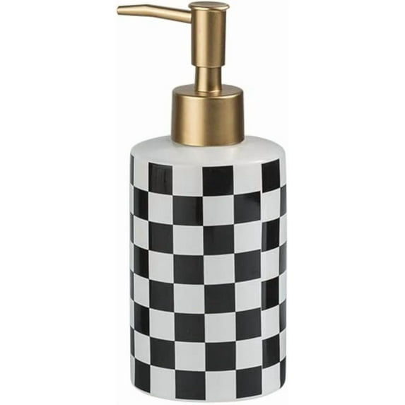 Checkered Ceramic Soap Dispenser with Rust Proof Gold Matte Pump Decorative Soap Dispenser for Bathroom or Kitchen (Black & White)
