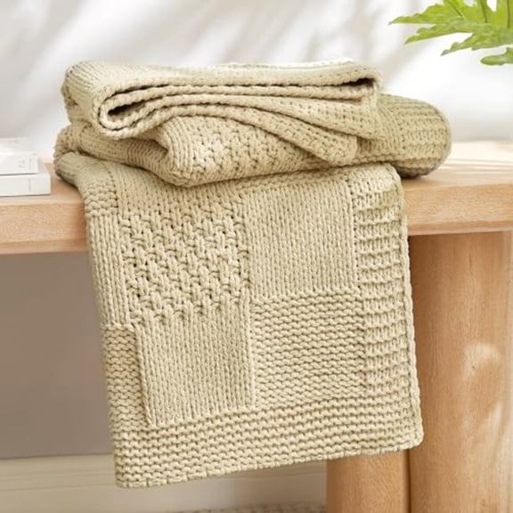 Checkered Chenille Knit Throw Blanket for Couch Classic Texture Decorative Soft Blanket for Sofa Chair Bedroom 50x60 Beige