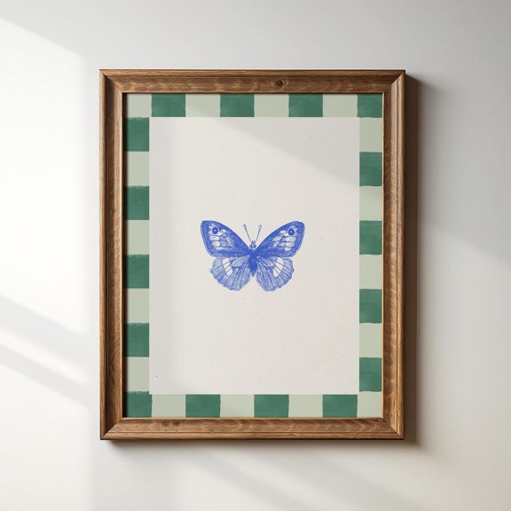 Checkered Cobalt Blue Vintage Butterfly Print, Vertical, Art Print, Vintage, English Garden, Cottage, Nursery Wall Art, Modern Wall Decor For Living Room, 16x24 UNFRAMED