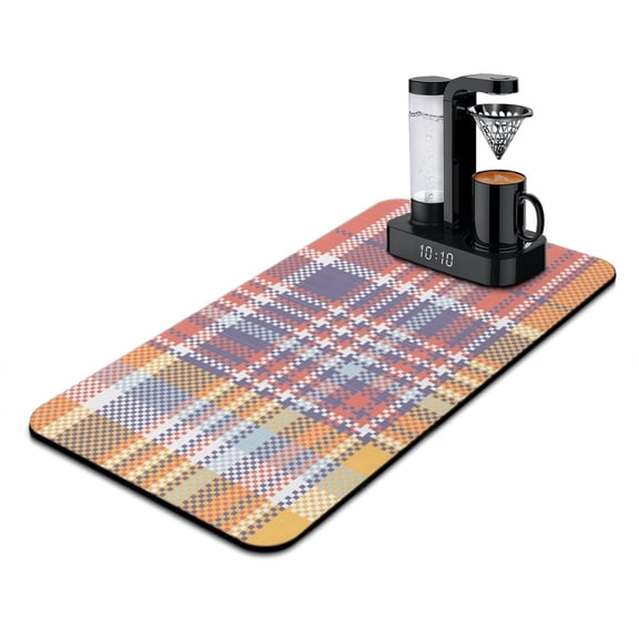 Checkered Coffee Bar Mat - 4-Layer Multipurpose Absorbent Mat with Non-Slip Base, Retro Plaid Print, Fits Under Espresso Machine, 15.7 x 23.6 Inch