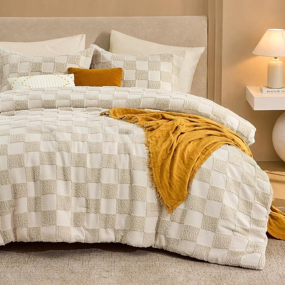 Checkered Comforter Set, 3 count Boho Bedding, Tufted Bed, Beige | Geometric Design, - Use, Style, Soft Jacquard Texture, for Bedroom, Guest Room & Dorm