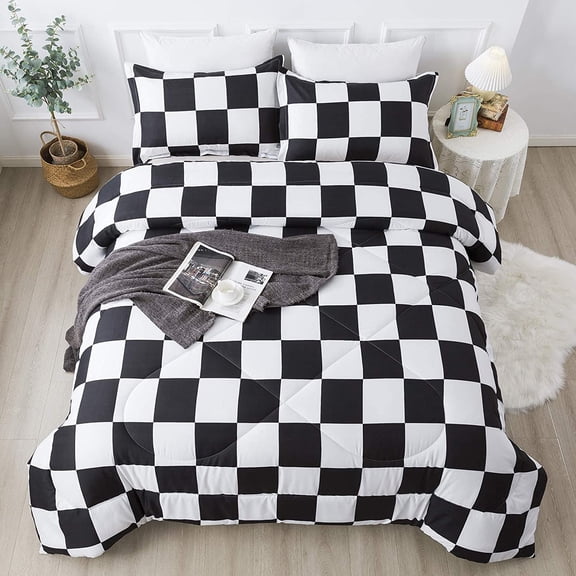 Checkered Comforter Twin Set Black White Plaid Microfiber Bedding for Teens Boys Kids Lightweight Geometric Preppy 2 Pieces