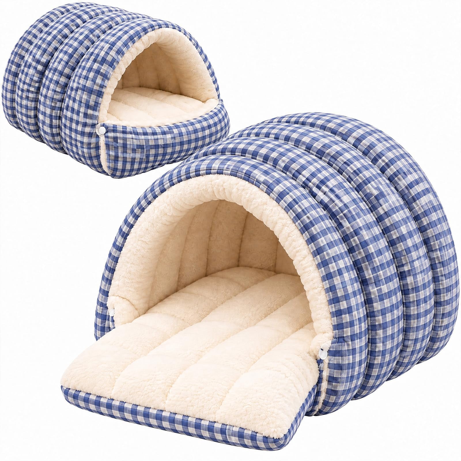 Checkered Convertible Cave Pet Bed Winter Warm Enclosed Dog Bed with ...