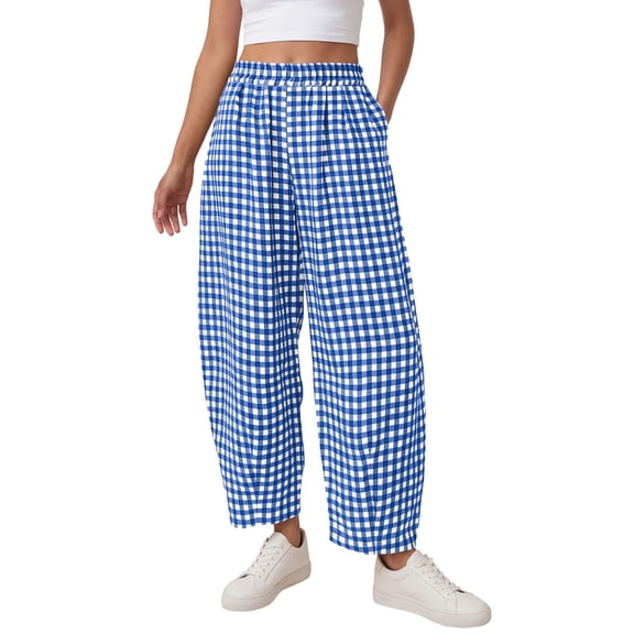 Checkered Cotton Barrel Pants Women Summer Casual Loose Wide Leg Lounge Pants, S