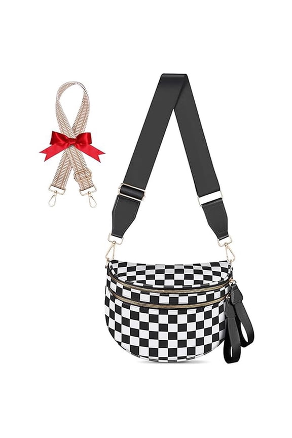 Checkered Crossbody Bag Bum Bags for Women Large Nylon Checkered Purse with Extra Strap Fanny Packs Sling Bag