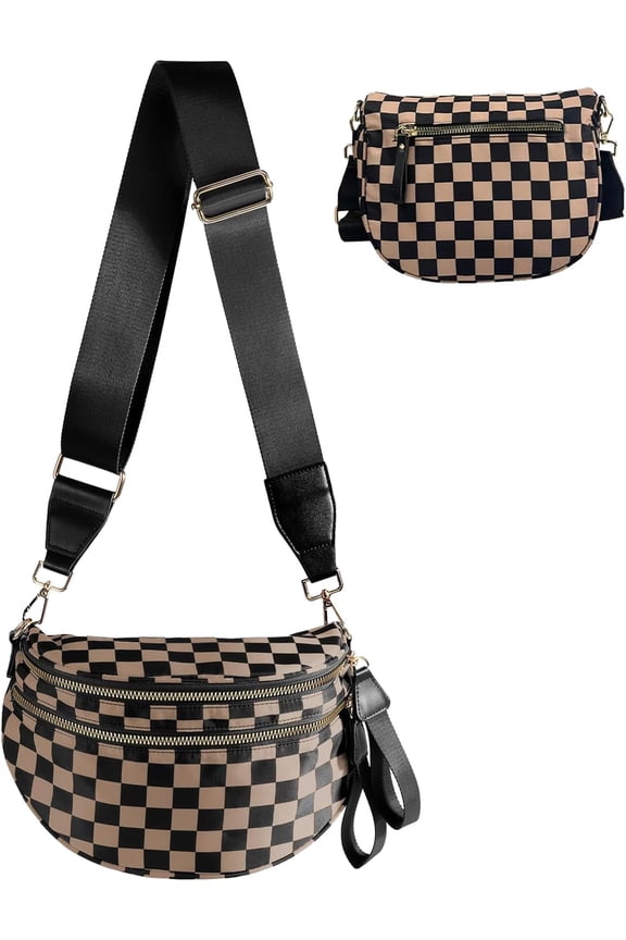 Checkered Crossbody Bag Bum Bags for Women Nylon Checkered Purse Large Fanny Packs Sling Bag Handbag Bags
