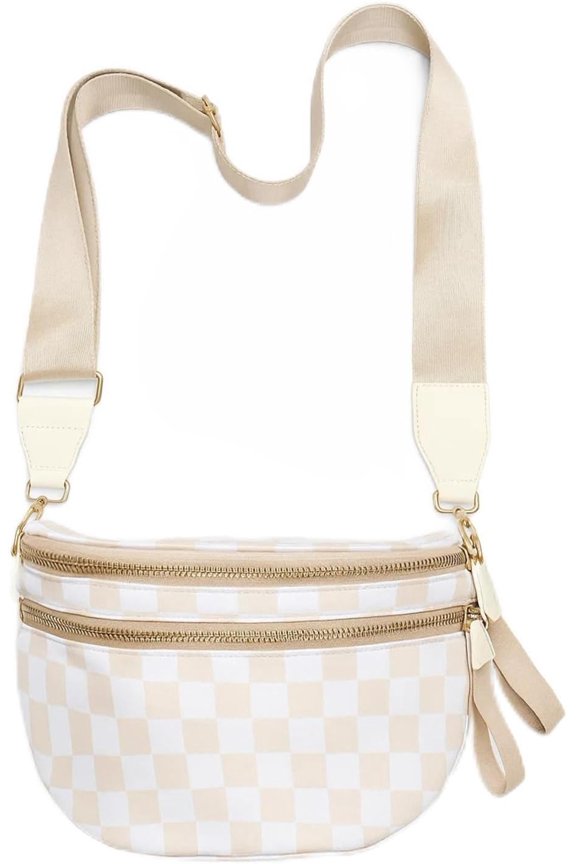 Checkered Crossbody Bag for Women: Large Nylon Fanny Pack Bum Bag, Multi-Purpose Pack for Travel, Stadium Events & Fall Outfits (Beige checkered )
