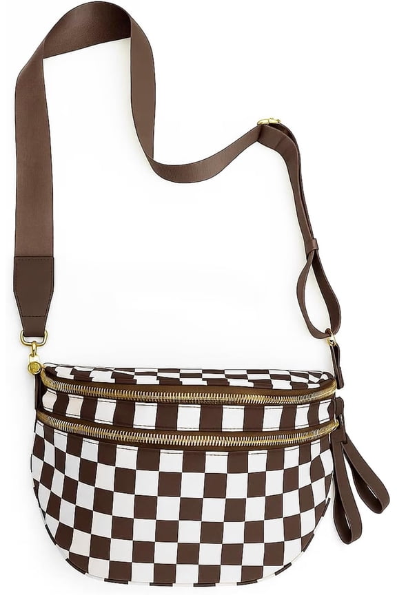 Checkered Crossbody Bag for Women: Large Nylon Fanny Pack Bum Bag, Multi-Purpose Pack for Travel, Stadium Events & Fall Outfits (Khaki grid )