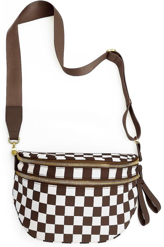 Checkered Crossbody Bag for Women: Large Nylon Fanny Pack Bum Bag, Multi-Purpose   Pack for Travel, Stadium Events & Fall Outfits (Khaki grid )