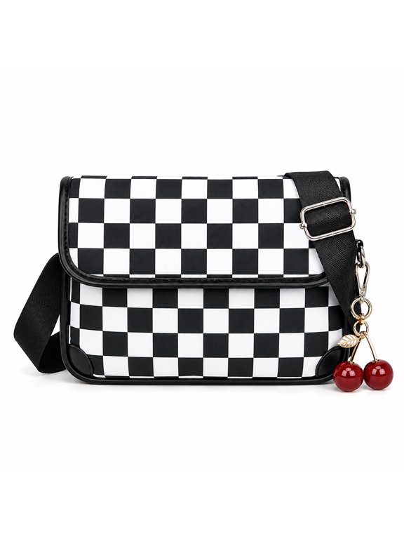Checkered Crossbody Bag for Women with Cherry Charm, Small Flap Messenger Purse with Adjustable Strap and Zipper Pockets
