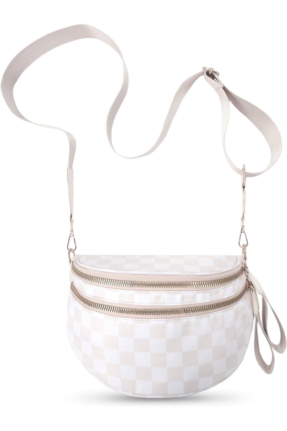 Checkered Crossbody Bags Bum Bag For Women, Large Nylon Fanny Packs Belt Bag, Beige