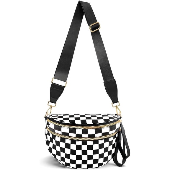 Checkered Crossbody Bags for Women Nylon Bum Bag Spacious Trendy Fanny Pack Large Sling Bags with Adjustable Strap