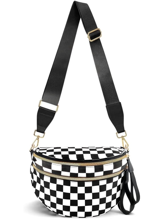 Checkered Crossbody Bags for Women Nylon Bum Bag Spacious Trendy Fanny Pack Large Sling Bags with Adjustable Strap