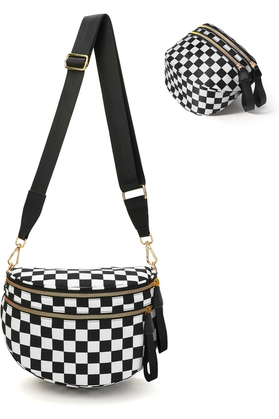 Checkered Crossbody Bum Bags for Women, Spacious Nylon Sling Bag Fanny  witn Adjustable  Strap Belt Bag