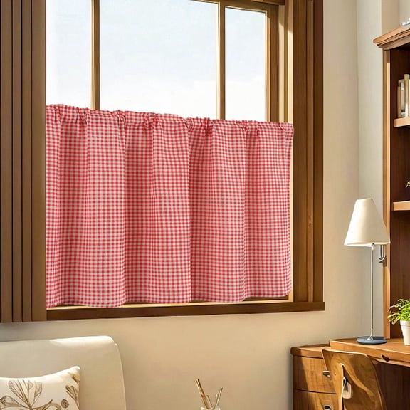 Checkered Curtain 39x18in Doorway Partition, Light Blocking Rod Pocket Window Valance for Kitchen Living Room Bedroom, Nylon Fabric Grid Decor