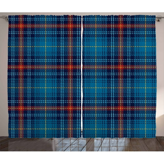 Ambesonne Checkered Curtains 2 Panel Set, Thin Lines in Blue, 108" x 108", Blue Navy Blue Red