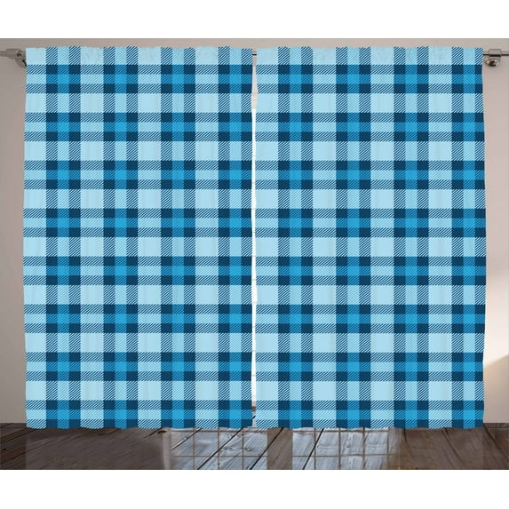Ambesonne Checkered Curtains 2 Panel Set, Picnic Tile in Blue, 108" x 90", Blue Pale Blue