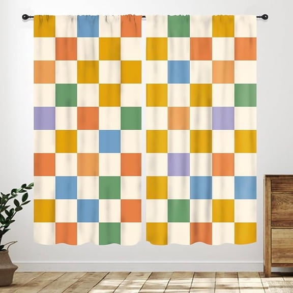 Checkered Curtains For Kitchen, Retro Orange Multicolor Checkerboard Retro Cute Geometry Aesthetic Window Curtain Treatments For Bedroom Living Room Kitchen Drapes 26"W x 45"L (Pack of 2)
